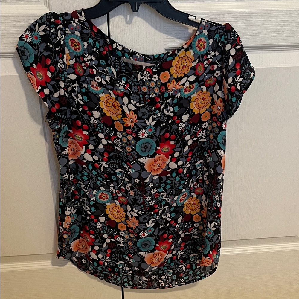 LOFT Floral Blouse - Black, Orange, Blue